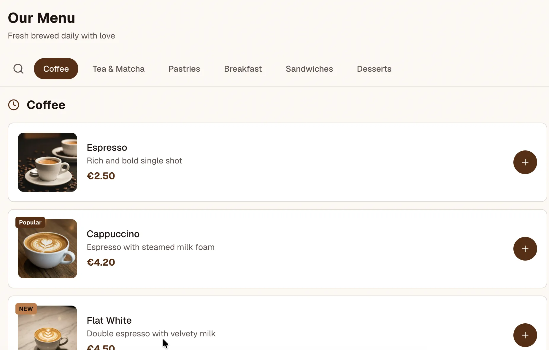 Sample coffee shop website with menu, opening hours and gallery