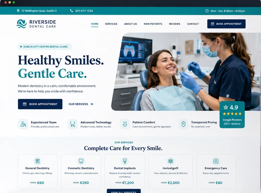 Sample dental practice website in teal, with services and booking
