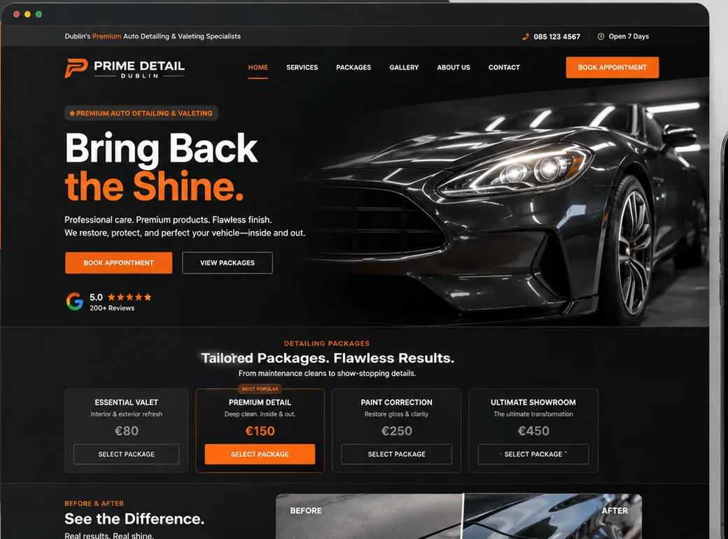 Sample car detailing website in black and orange, with packages and pricing