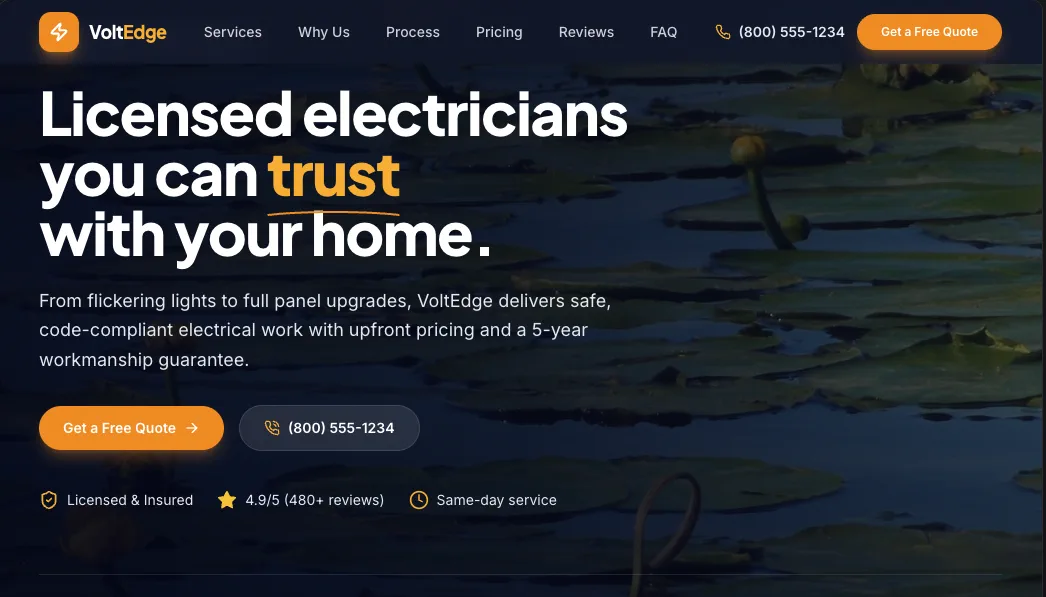 Sample electrician website with services, certifications and contact