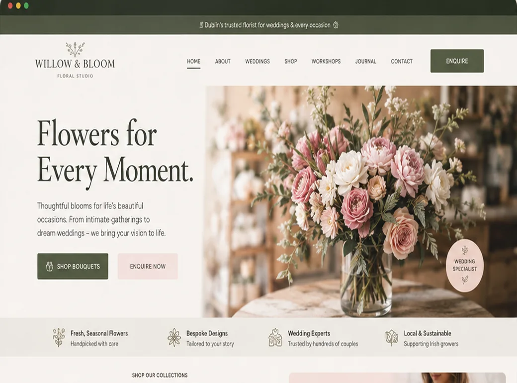 Sample florist website in sage green, with a shop and gallery
