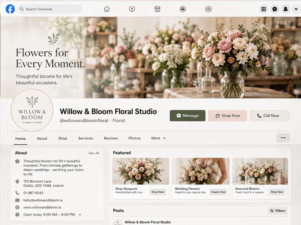 Sample Facebook page for a florist, matching its website